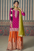 Pink Chinon Silk Plazo Suit For Indian Weddings & Pakistani Festival - Embroidery Work, Mirror Work Copy