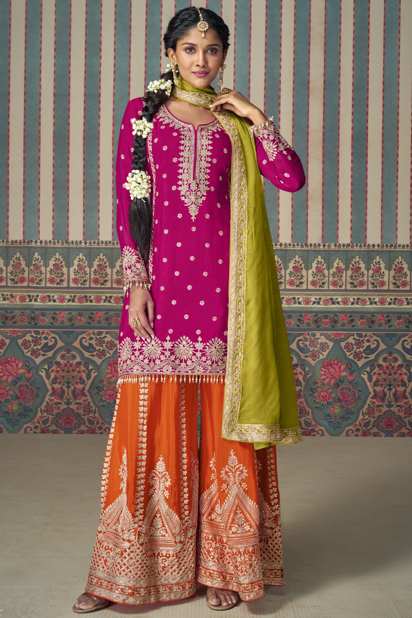 Pink Chinon Silk Plazo Suit For Indian Weddings & Pakistani Festival - Embroidery Work, Mirror Work Copy