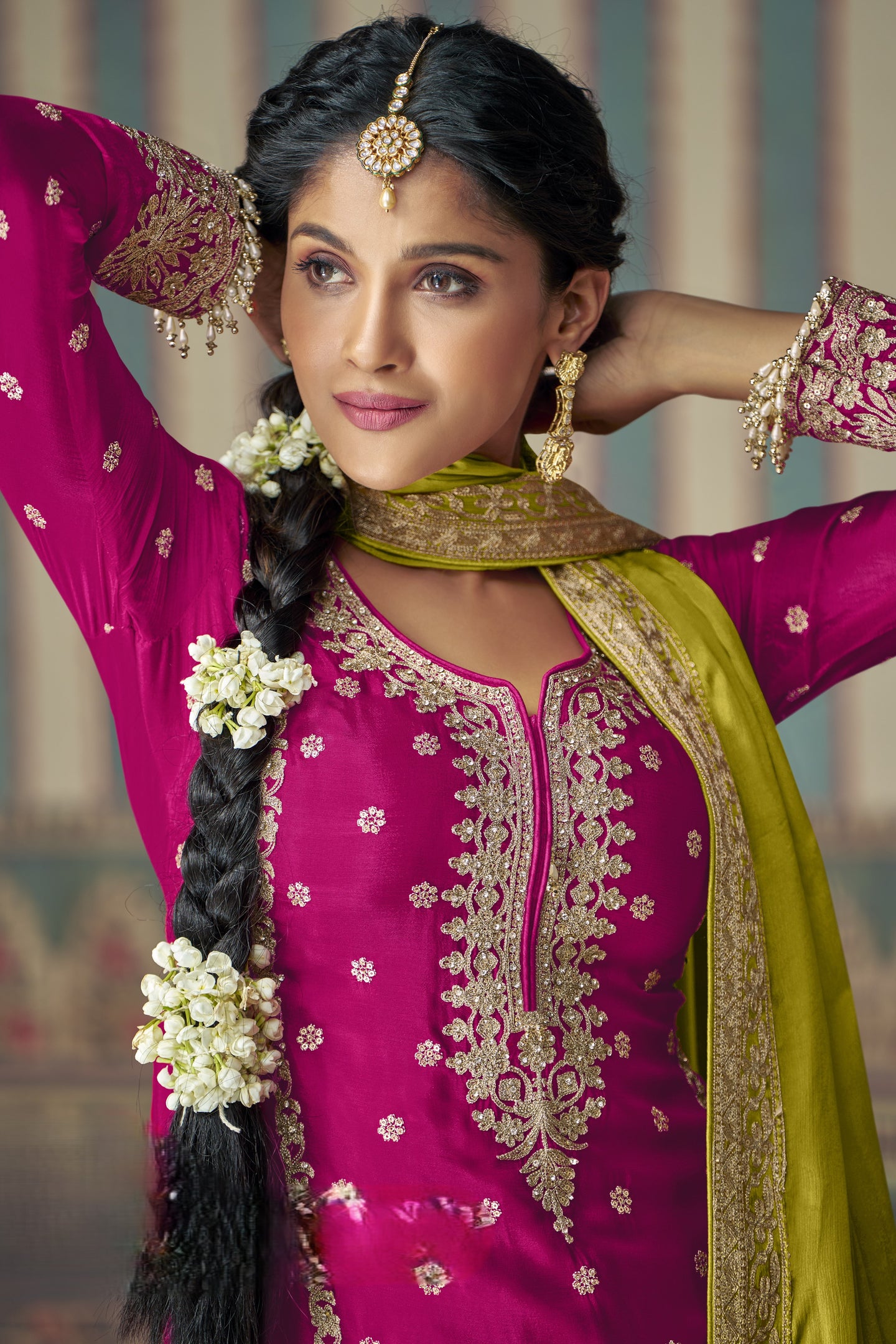 Pink Chinon Silk Plazo Suit For Indian Weddings & Pakistani Festival - Embroidery Work, Mirror Work Copy