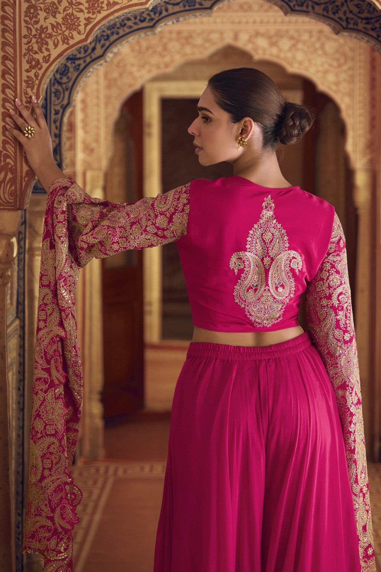 Pink Chinon Silk Plazo Suit For Indian Weddings & Pakitani Festival - Embroidery Work