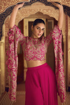 Pink Chinon Silk Plazo Suit For Indian Weddings & Pakitani Festival - Embroidery Work