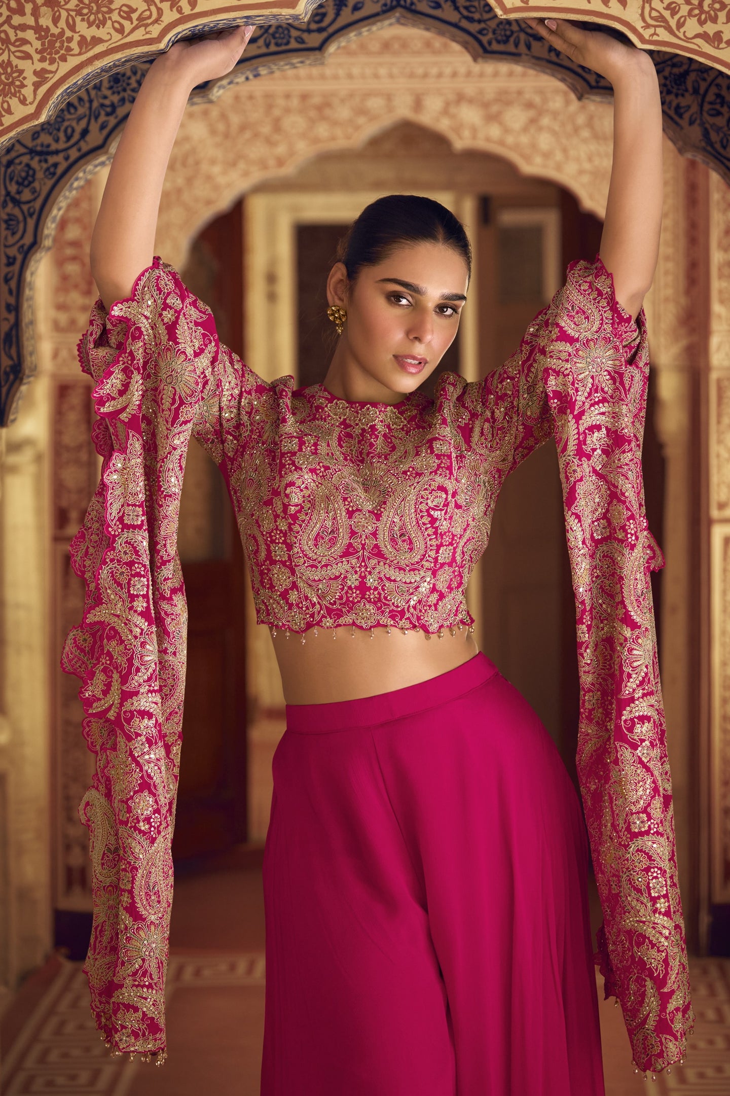 Pink Chinon Silk Plazo Suit For Indian Weddings & Pakitani Festival - Embroidery Work