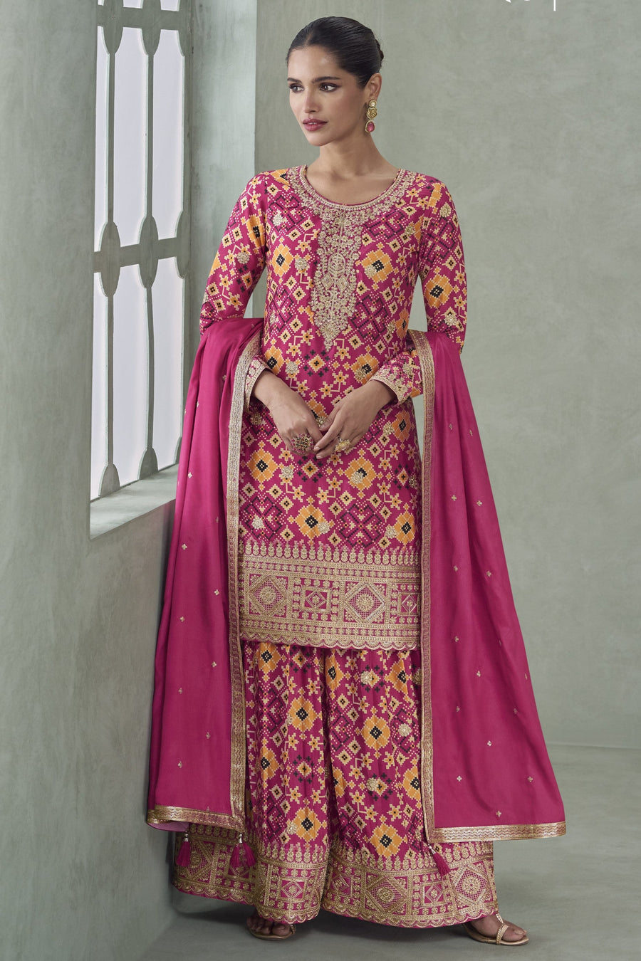 Pink Chinon Silk Plazo Suit For Mehndi For Indian & Pakistani Wedding Festival - Print Work, Embroidery Work