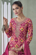 Pink Chinon Silk Plazo Suit For Mehndi For Indian & Pakistani Wedding Festival - Print Work, Embroidery Work