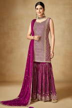 Pink Chinon Silk Sleevless Sharara Party Suit for Women for Wedding & Engagement - Sequence Embroidery Work, Zari Work RTS