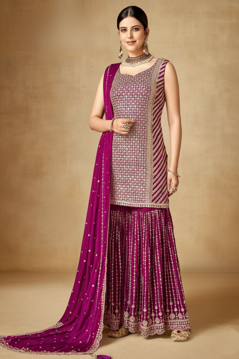 Pink Chinon Silk Sleevless Sharara Party Suit for Women for Wedding & Engagement - Sequence Embroidery Work, Zari Work RTS