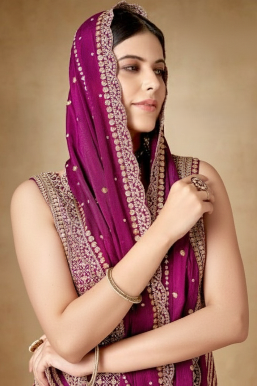 Pink Chinon Silk Sleevless Sharara Party Suit for Women for Wedding & Engagement - Sequence Embroidery Work, Zari Work RTS