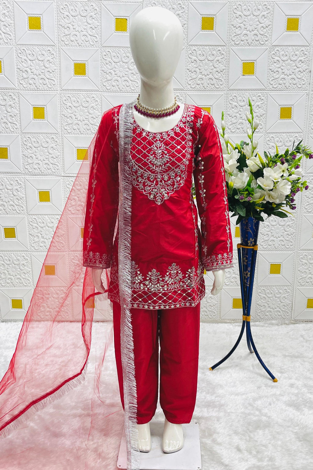 Pink Crepe Silk Kids Wear Girls Kameez with Pant & Dupatta Suit for Kids for Festivals & Wedding - Thread & Sequence Embroidery Work