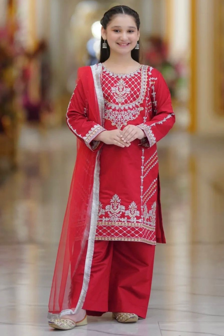 Pink Crepe Silk Kids Wear Girls Kameez with Pant & Dupatta Suit for Kids for Festivals & Wedding - Thread & Sequence Embroidery Work