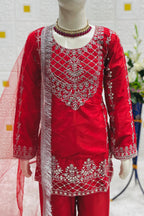 Pink Crepe Silk Kids Wear Girls Kameez with Pant & Dupatta Suit for Kids for Festivals & Wedding - Thread & Sequence Embroidery Work