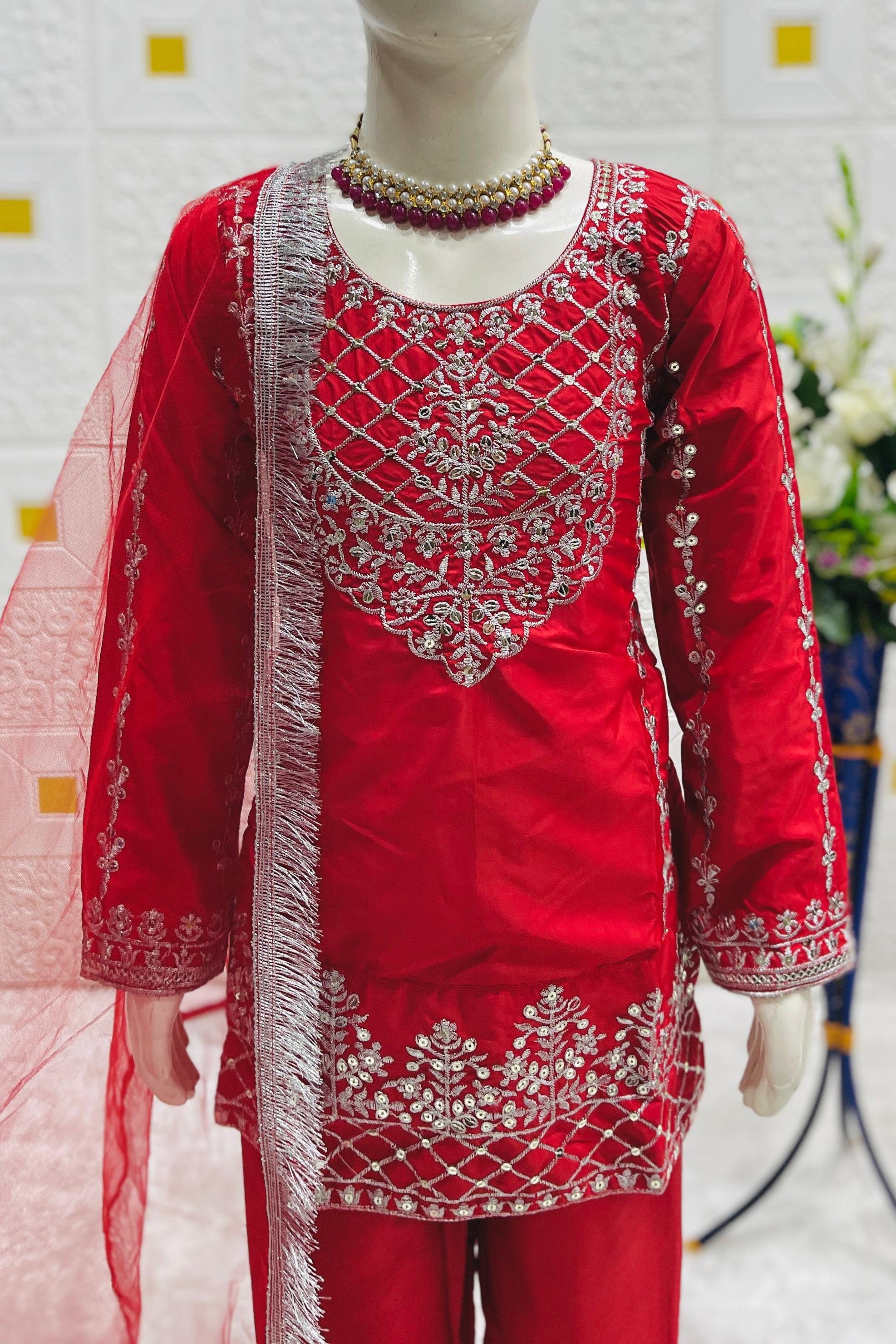 Pink Crepe Silk Kids Wear Girls Kameez with Pant & Dupatta Suit for Kids for Festivals & Wedding - Thread & Sequence Embroidery Work