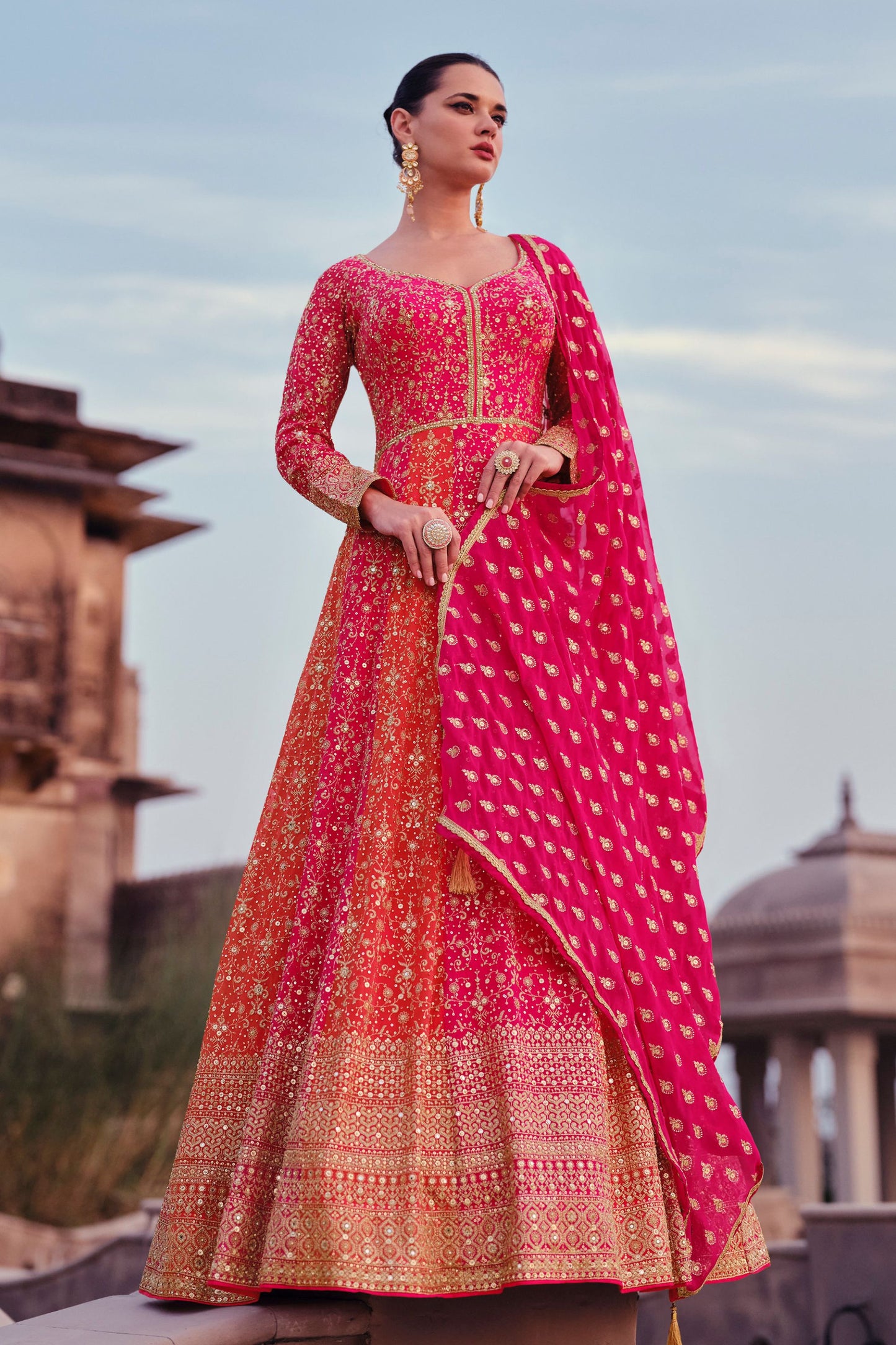 Pink Georgette Floor Full Length Anarkali Gown For Indian Festivals & Pakistani Weddings - Embroidery Work