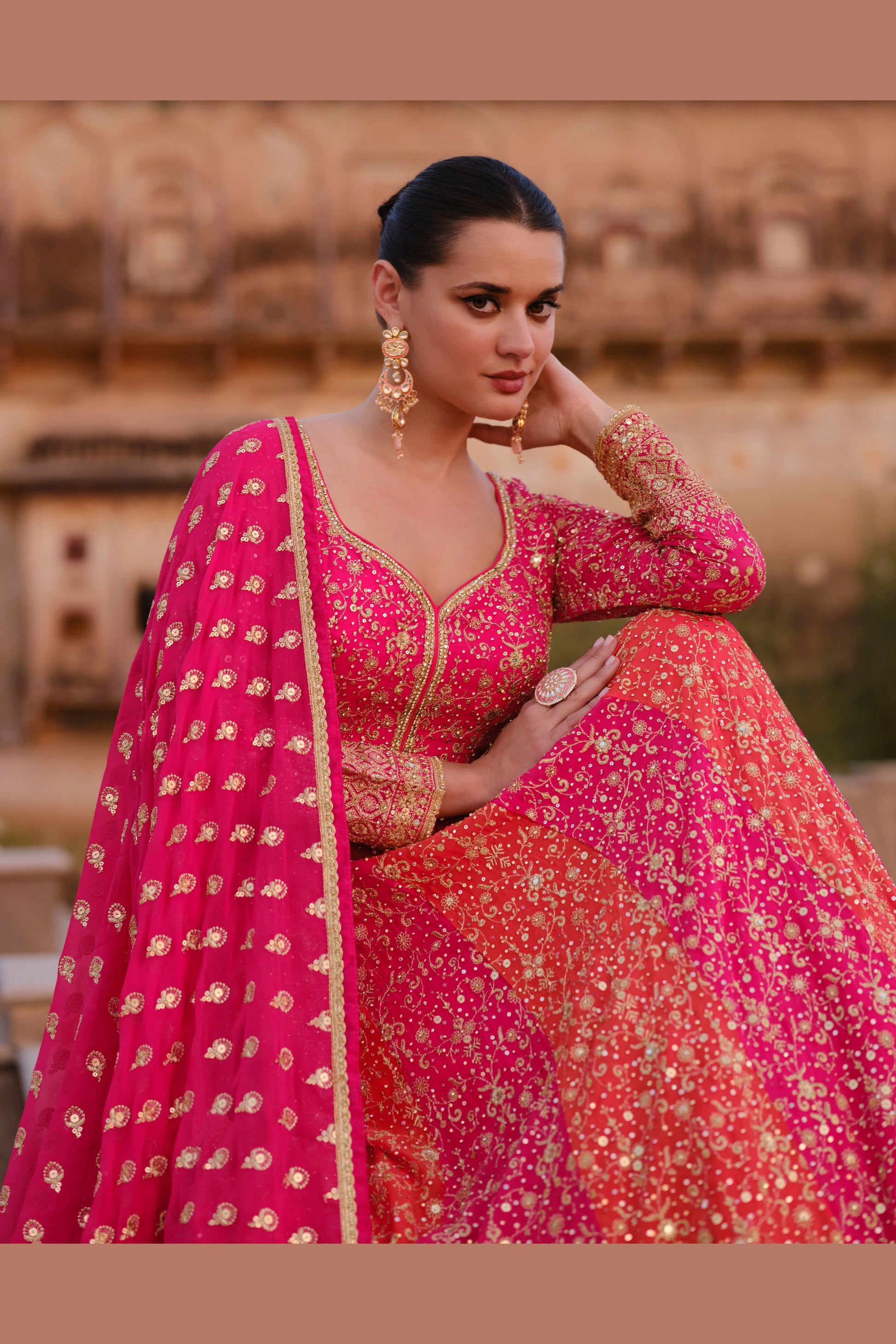 Pink Georgette Floor Full Length Anarkali Gown For Indian Festivals & Pakistani Weddings - Embroidery Work