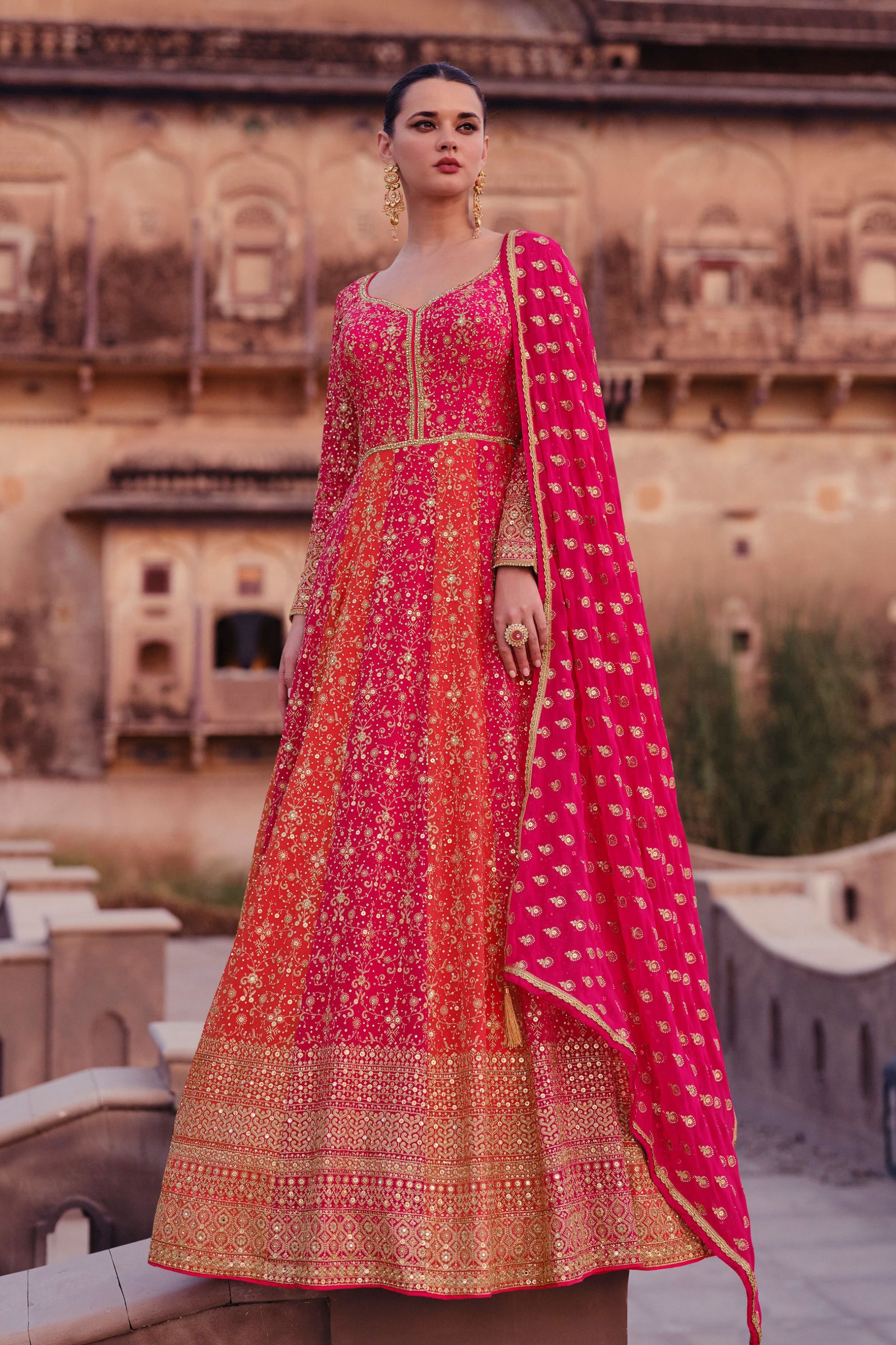 Pink Georgette Floor Full Length Anarkali Gown For Indian Festivals & Pakistani Weddings - Embroidery Work