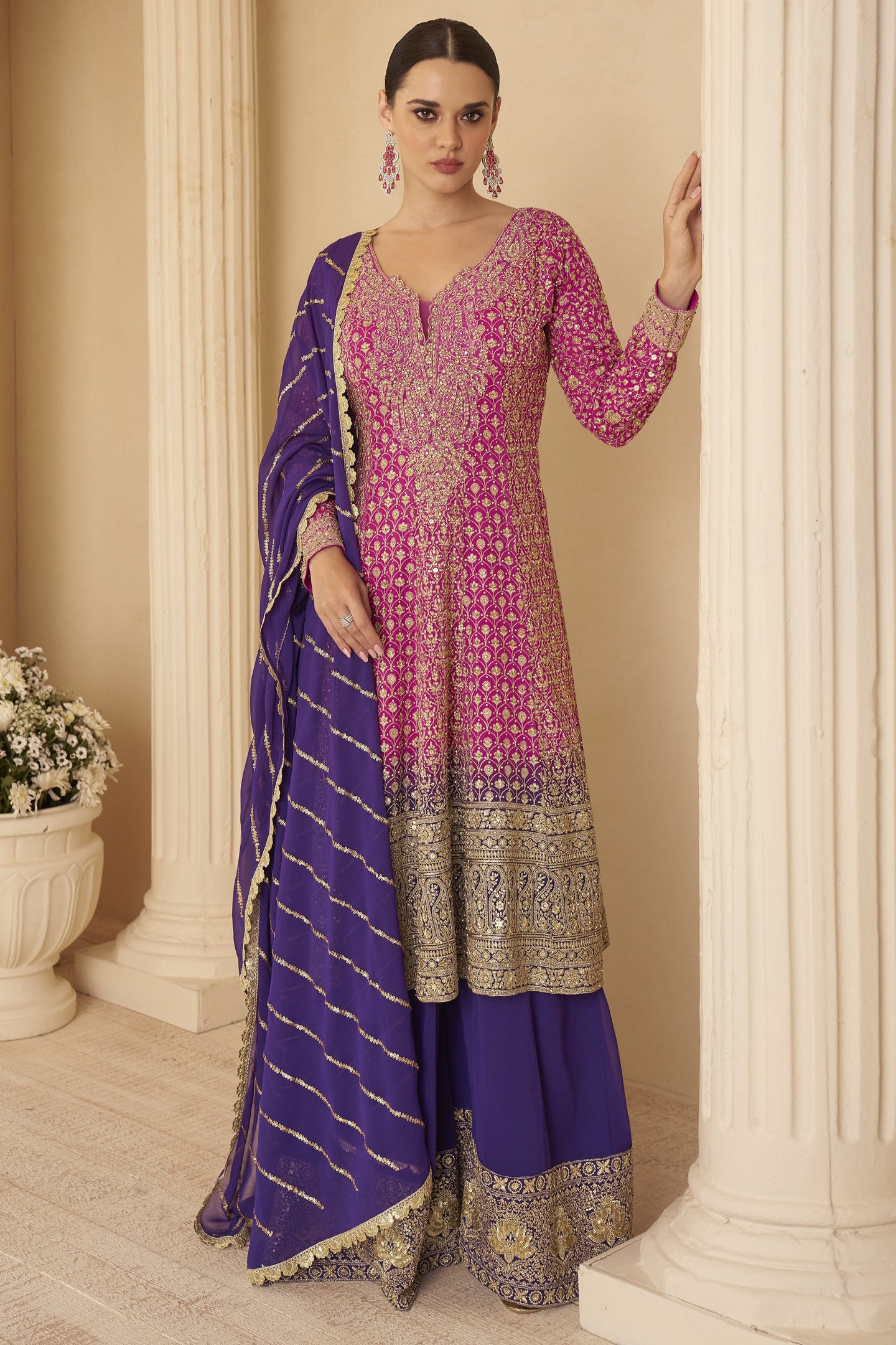 Pink Georgette Kameez With Palazzo For Indian & Pakistani Wedding Festival - Thread & Sequins Embroidery Work