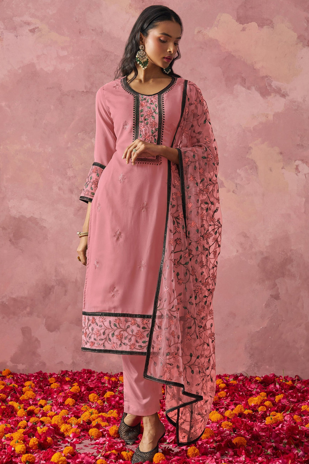 Pink Georgette Kameez With Pant For Indian & Pakistani Wedding Festival - Embroidery Work