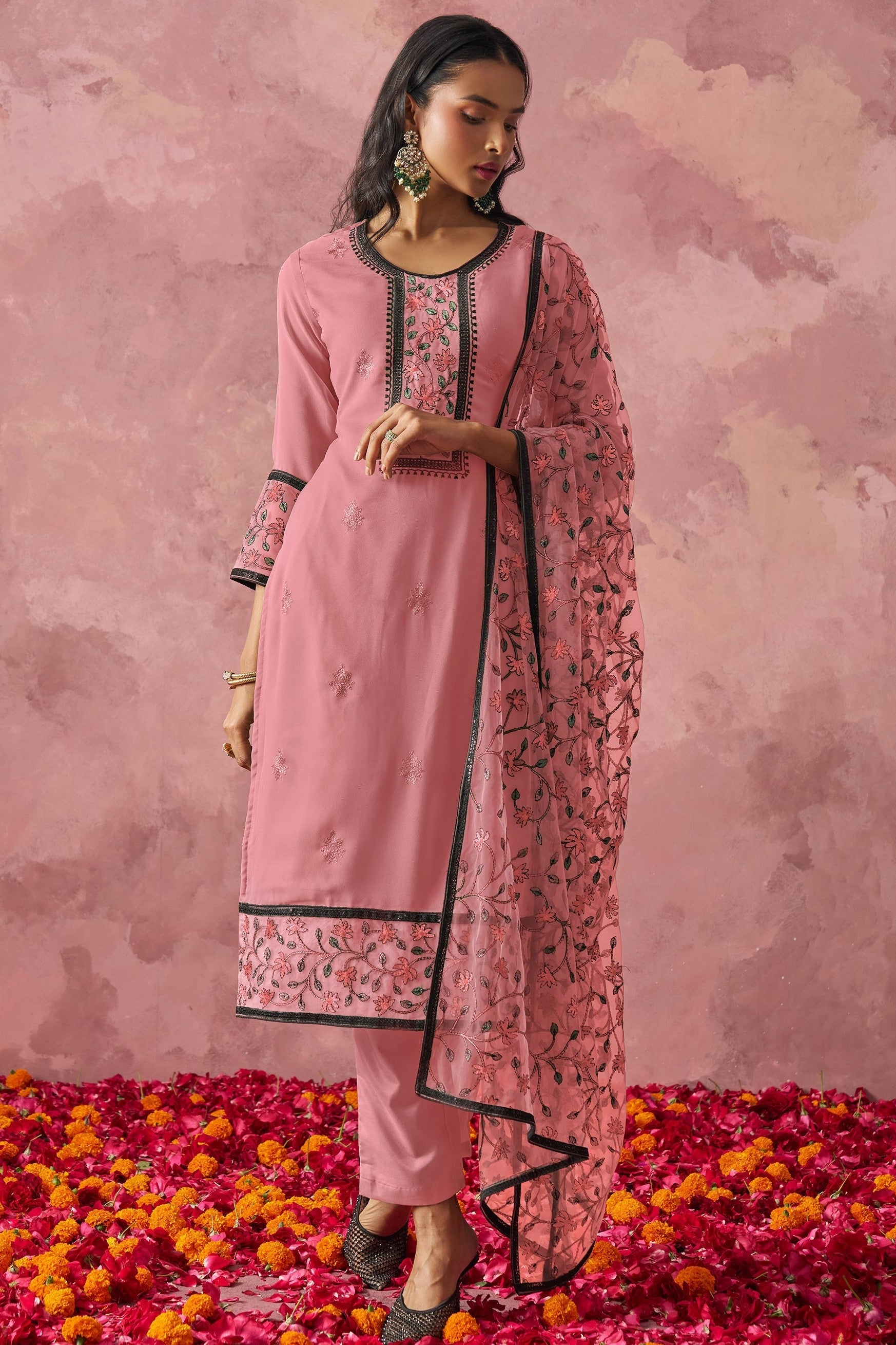 Pink Georgette Kameez With Pant For Indian & Pakistani Wedding Festival - Embroidery Work