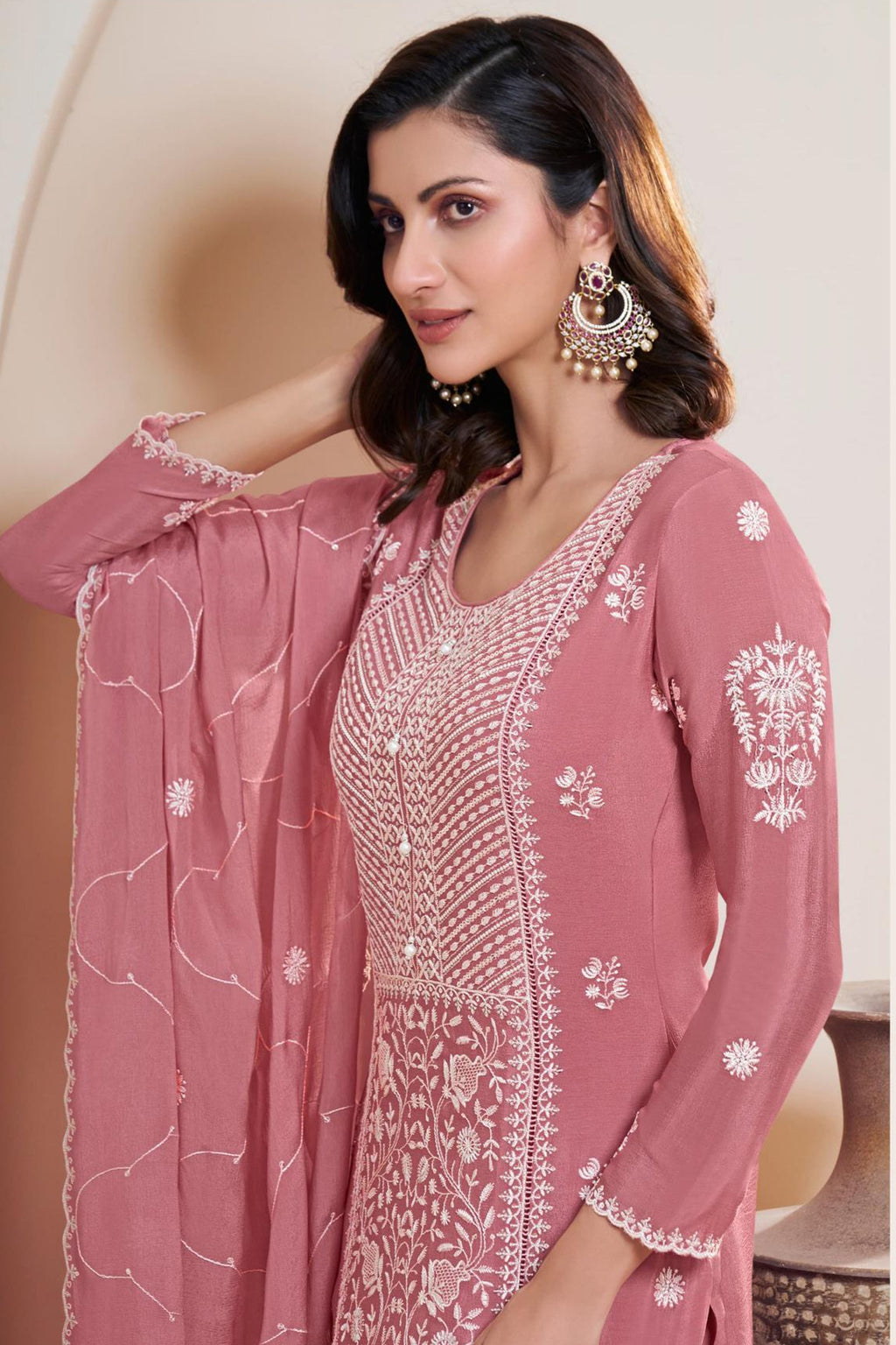 Pink Georgette Kameez With Pant For Indian & Pakistani Wedding Festival - Thread & Sequence Embroidery
