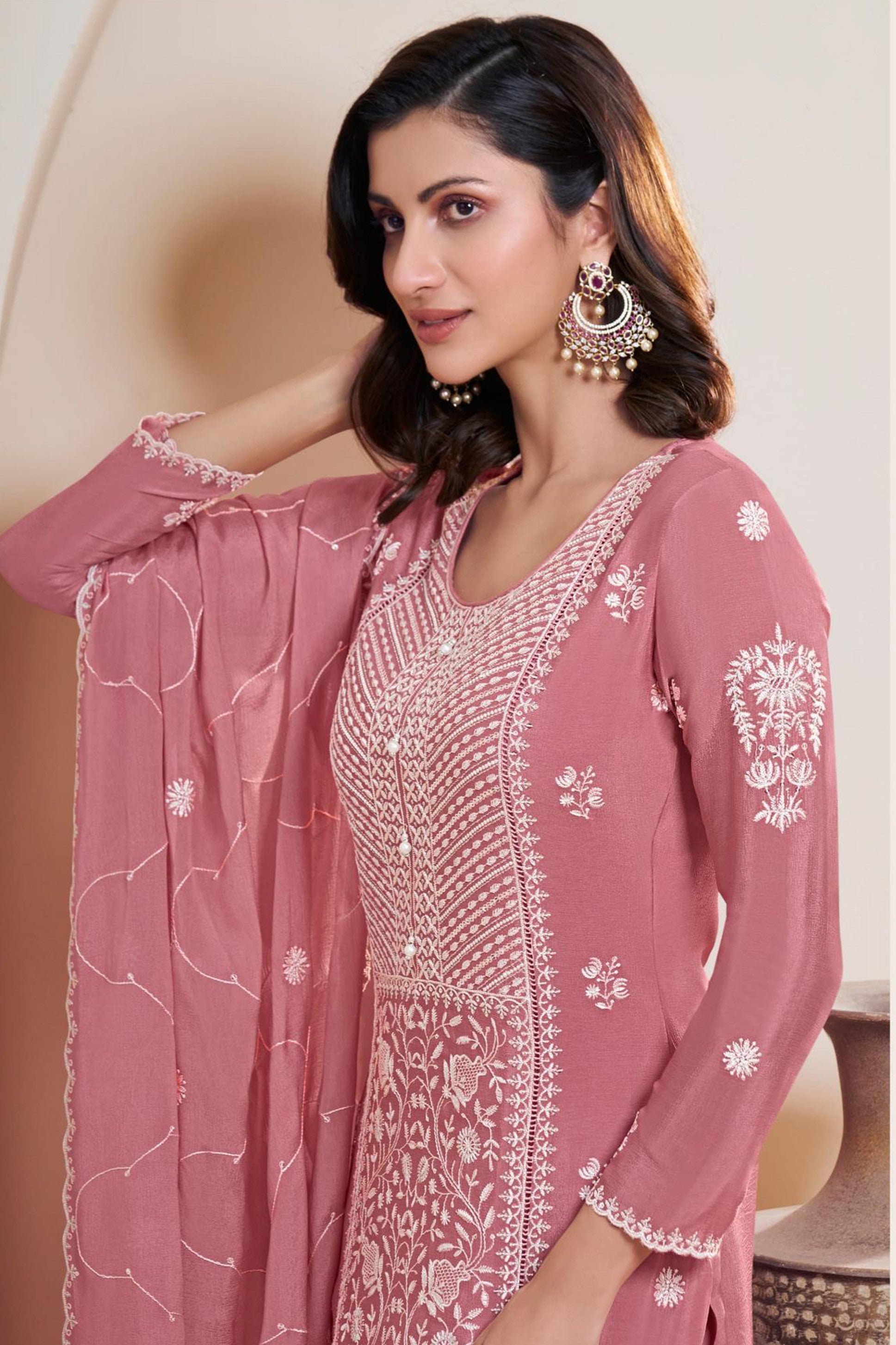 Pink Georgette Kameez With Pant For Indian & Pakistani Wedding Festival - Thread & Sequence Embroidery