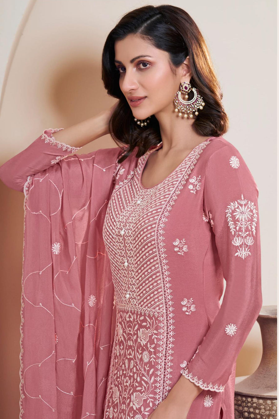 Pink Georgette Kameez With Pant For Indian & Pakistani Wedding Festival - Thread & Sequence Embroidery