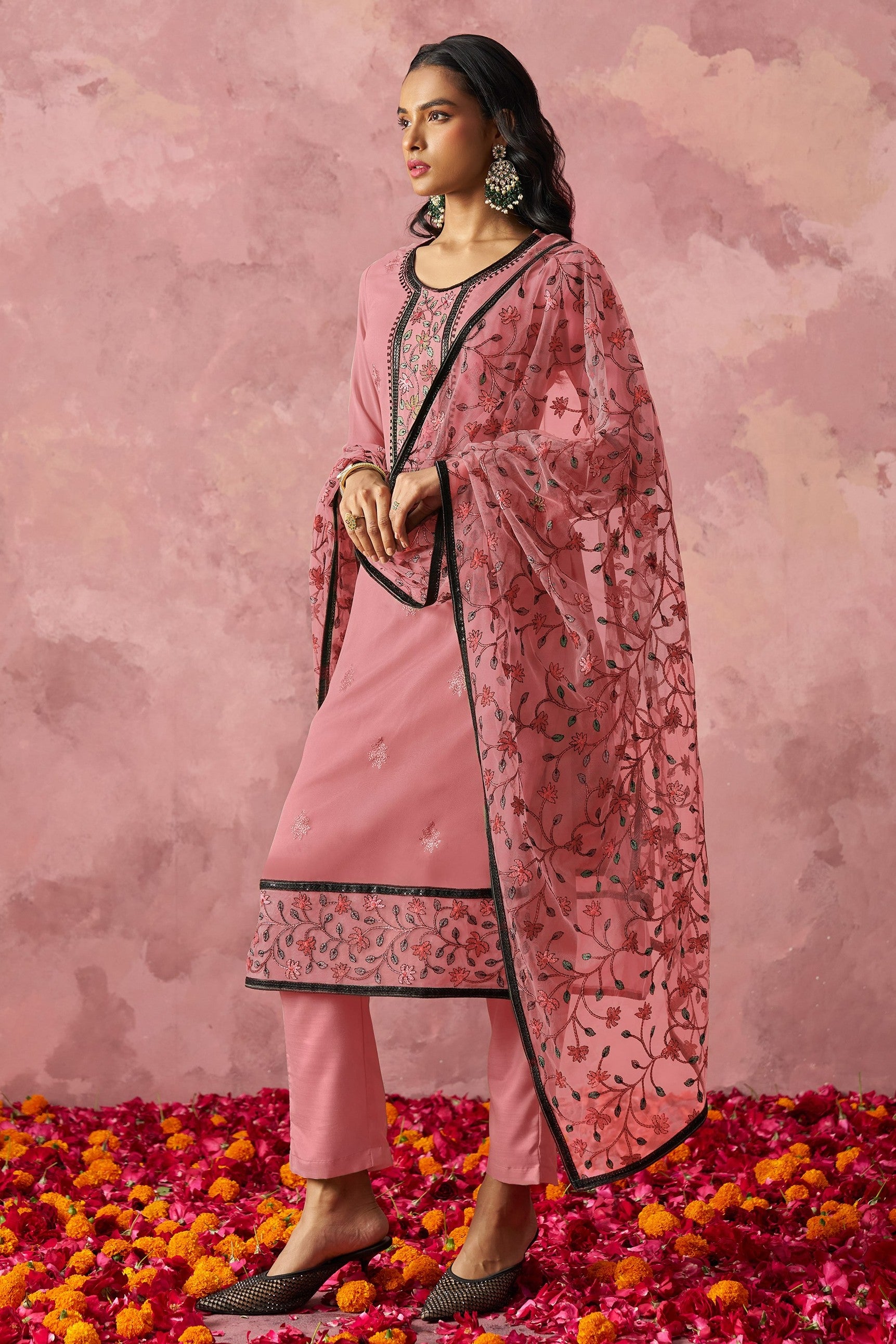 Pink Georgette Kameez With Pant For Indian & Pakistani Wedding Festival - Embroidery Work