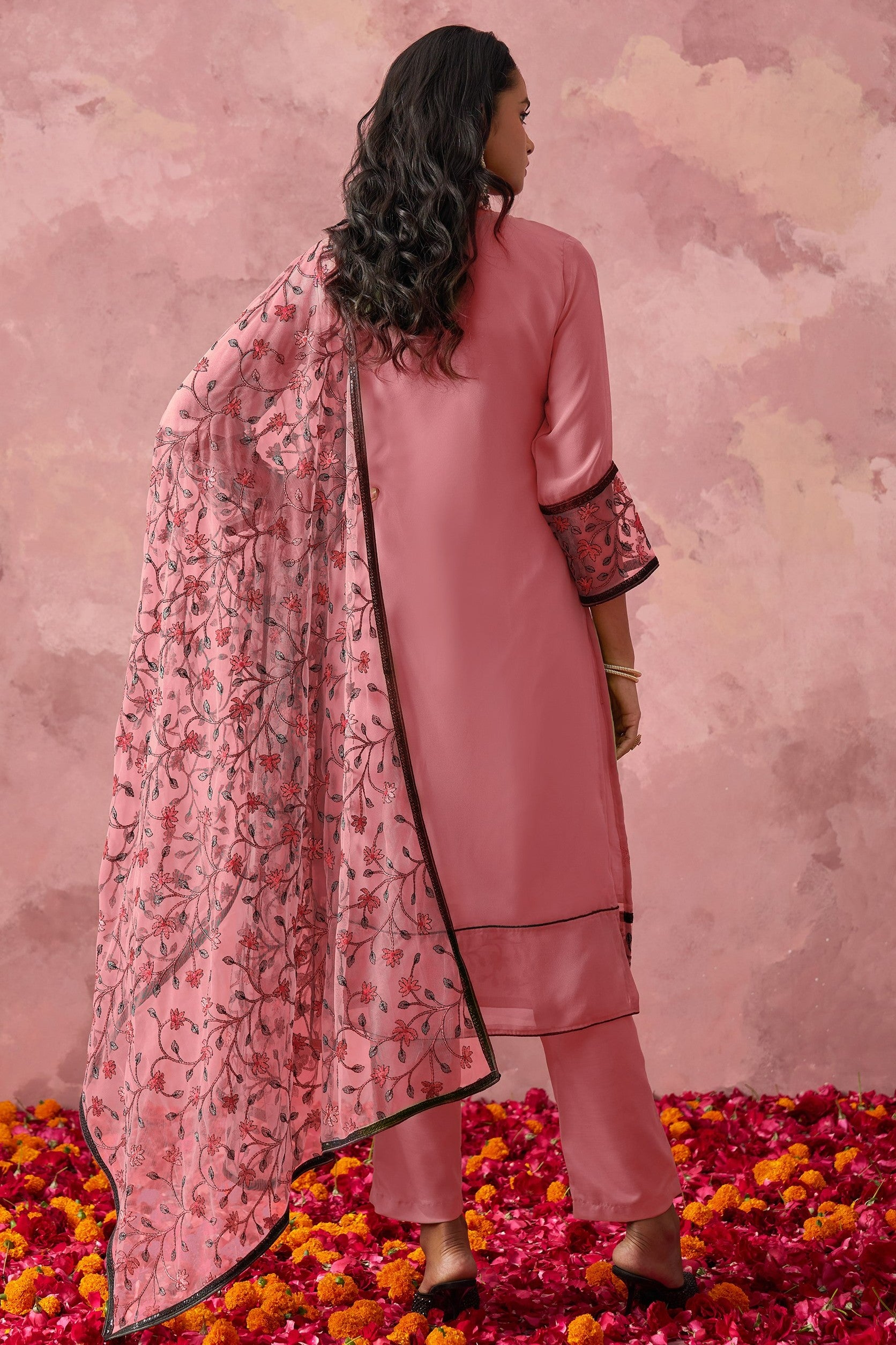 Pink Georgette Kameez With Pant For Indian & Pakistani Wedding Festival - Embroidery Work