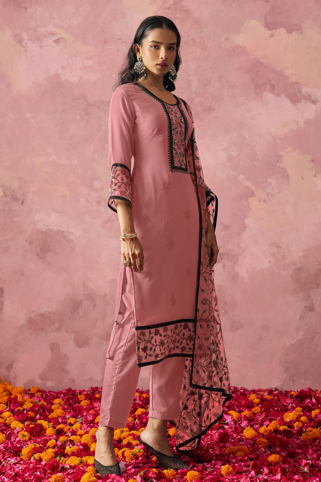 Pink Georgette Kameez With Pant For Indian & Pakistani Wedding Festival - Embroidery Work