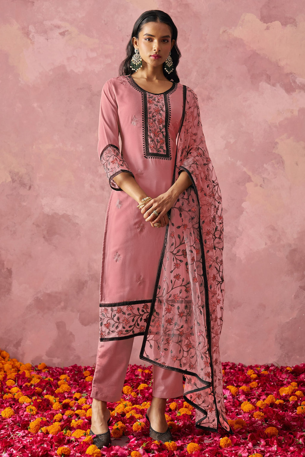 Pink Georgette Kameez With Pant For Indian & Pakistani Wedding Festival - Embroidery Work
