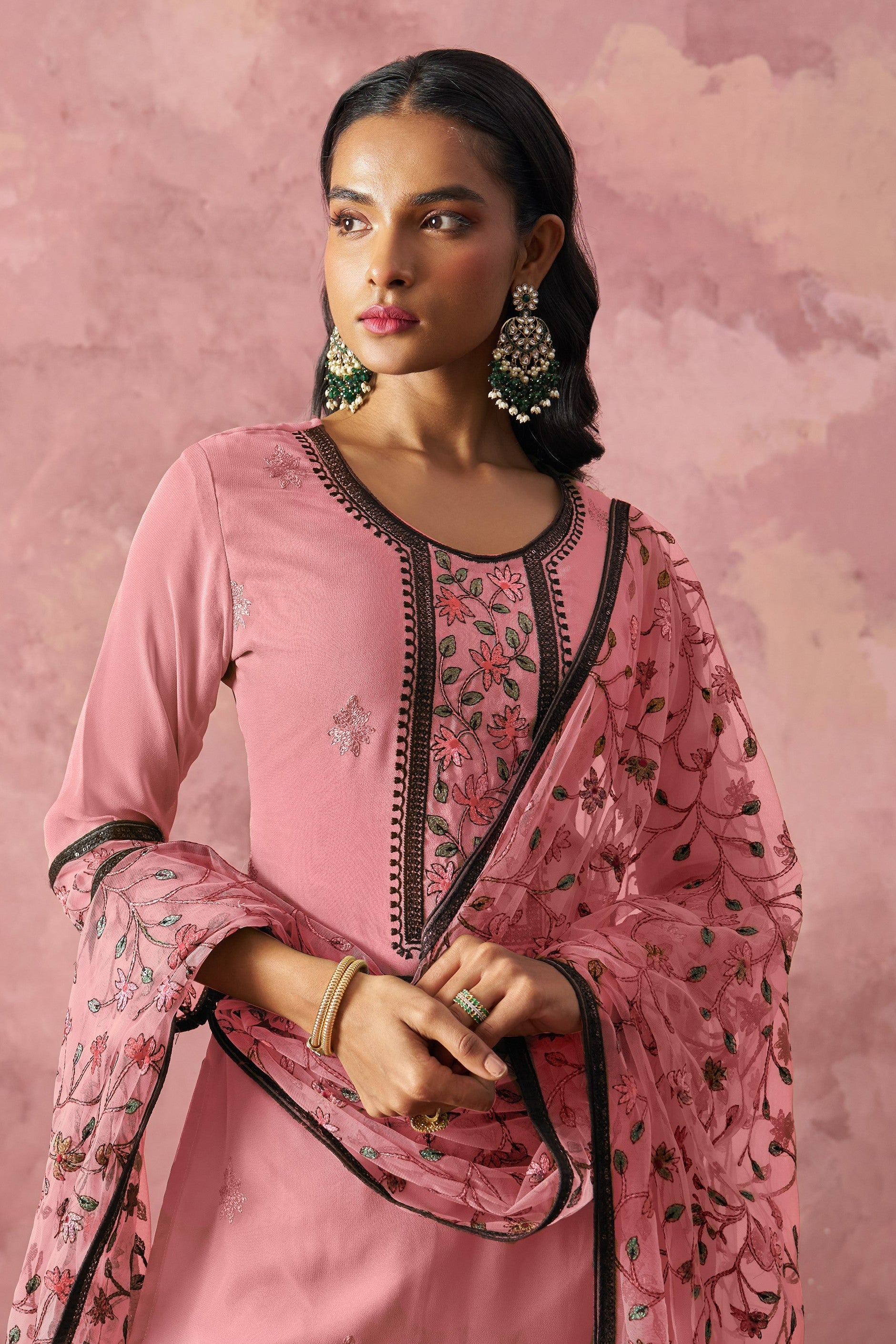Pink Georgette Kameez With Pant For Indian & Pakistani Wedding Festival - Embroidery Work