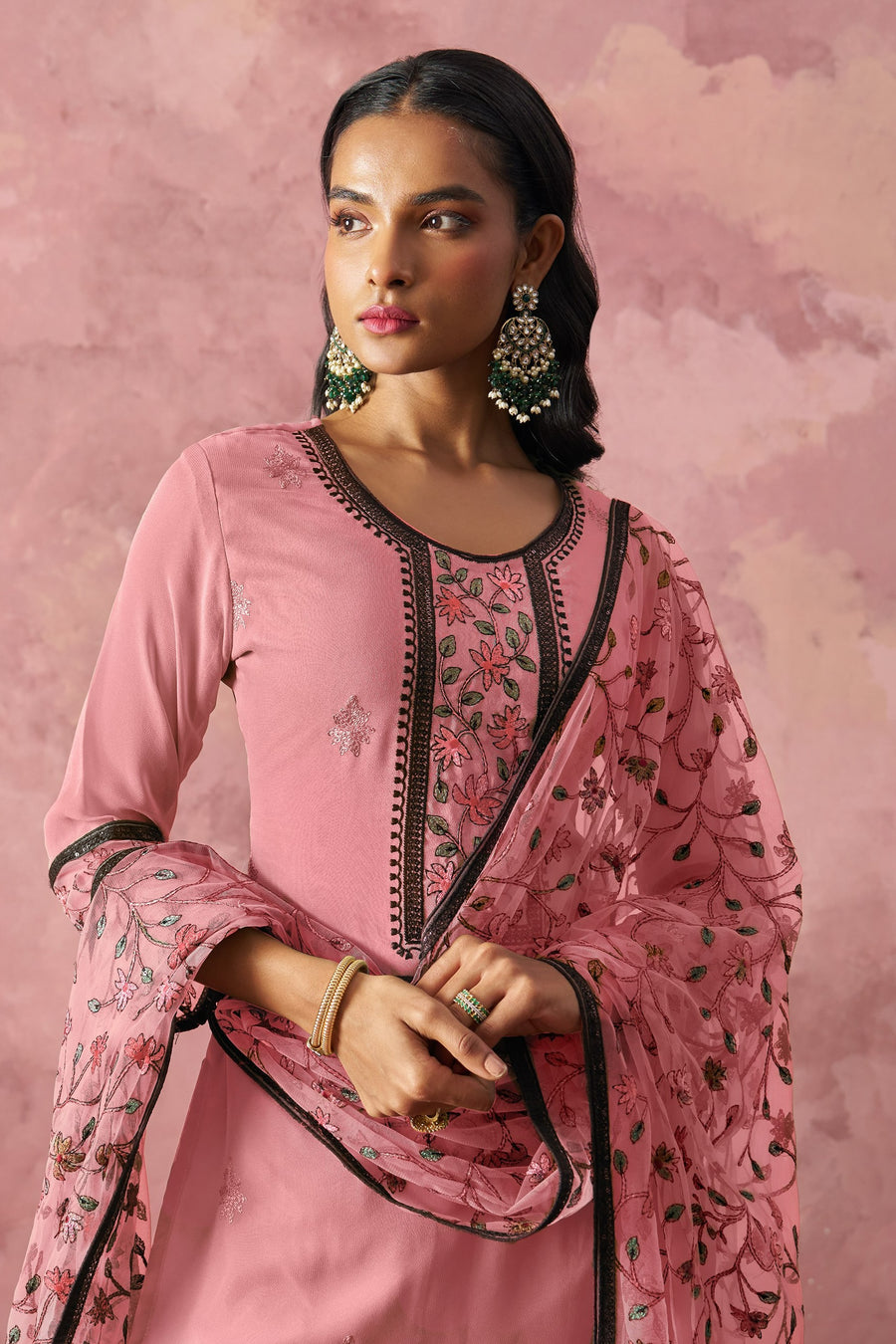Pink Georgette Kameez With Pant For Indian & Pakistani Wedding Festival - Embroidery Work