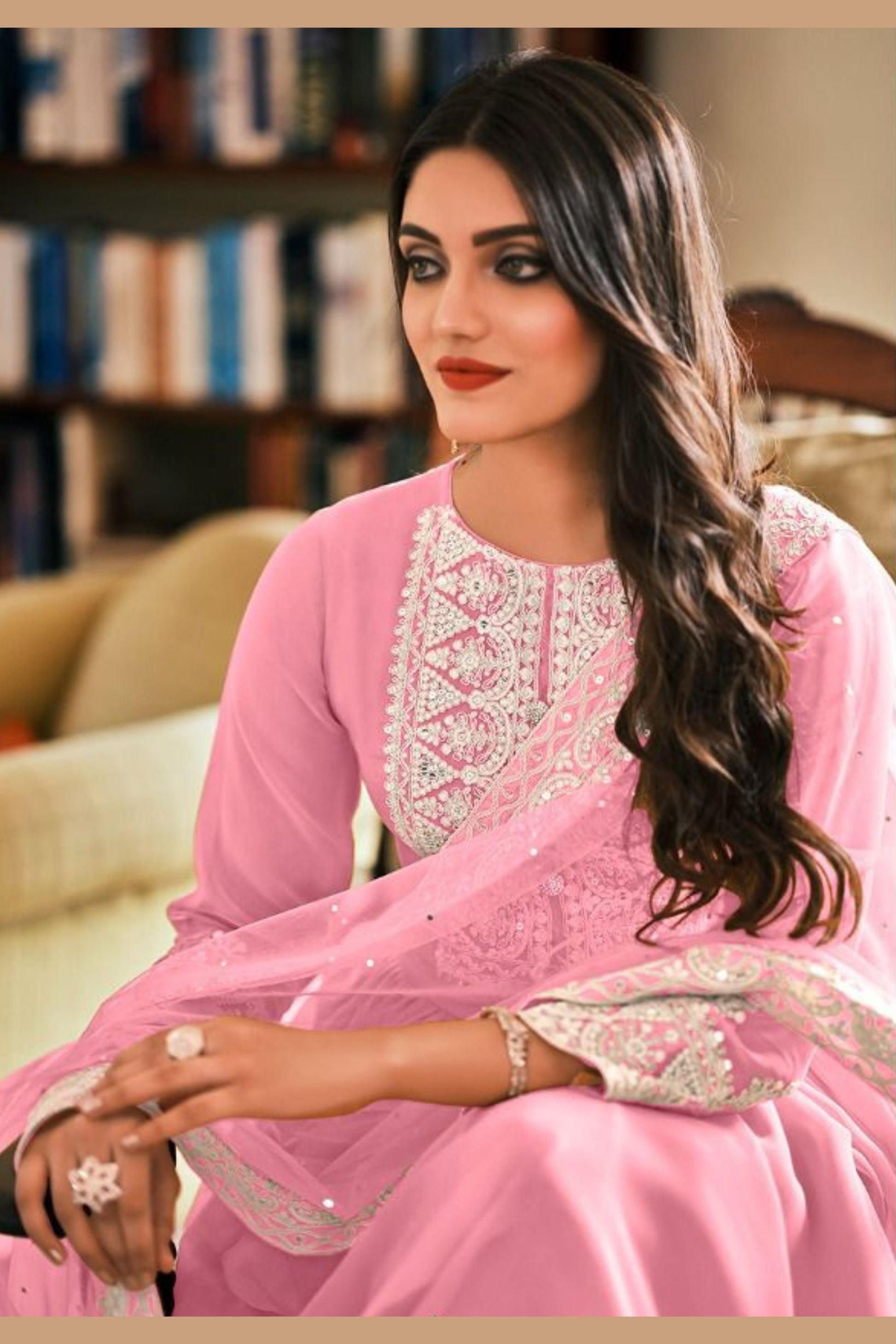 Pink Georgette Kameez and Palazzo Suit For Indian Wedding & Festival - Embroidery Work