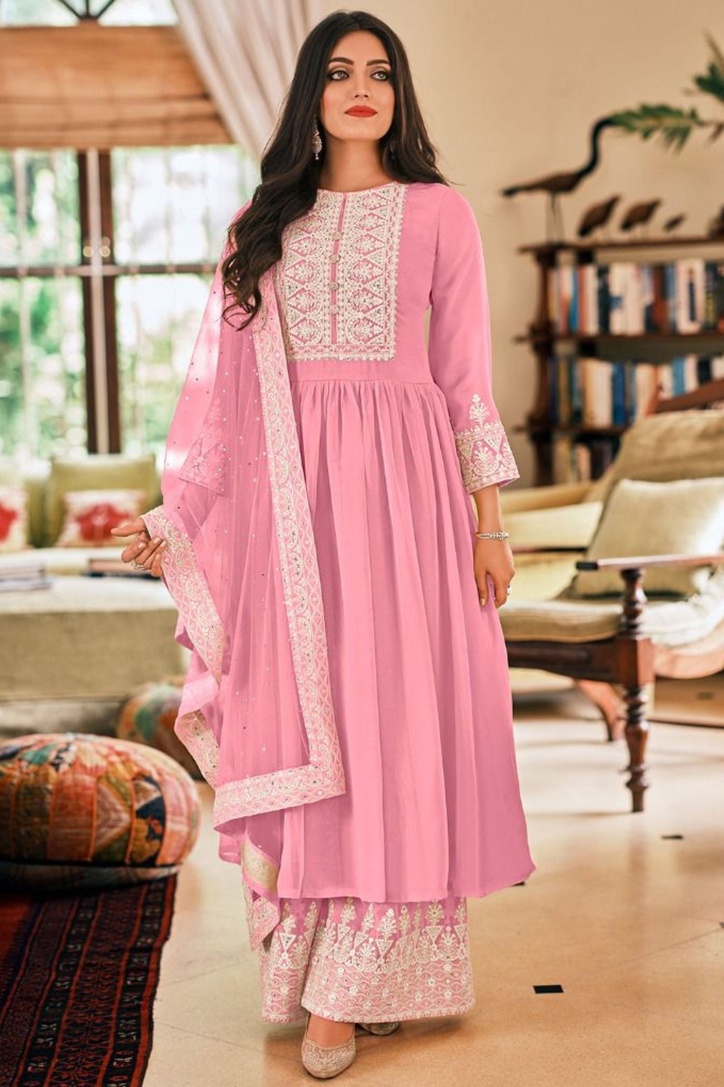 Pink Georgette Kameez and Palazzo Suit For Indian Wedding & Festival - Embroidery Work