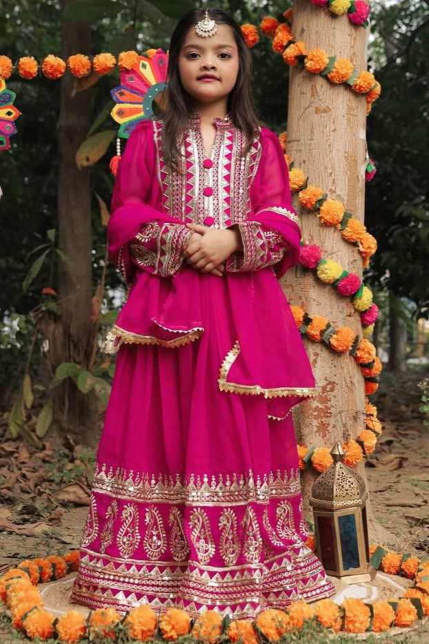 Pink Georgette Kids Wear Girls Gown with Dupatta Suit for Kids for Festivals & Wedding - Sequence Embroidery Work