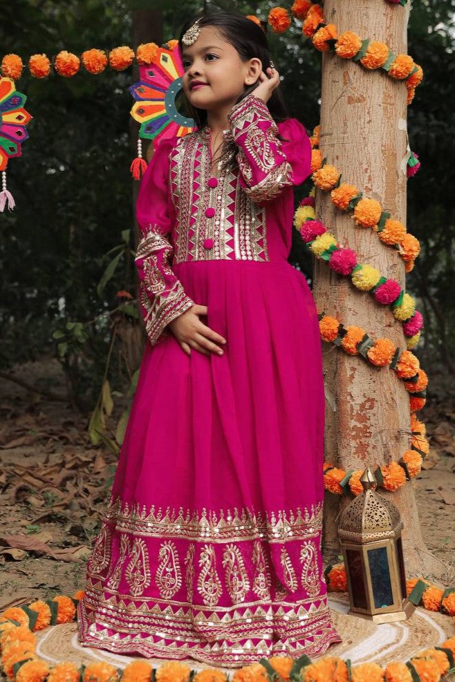Pink Georgette Kids Wear Girls Gown with Dupatta Suit for Kids for Festivals & Wedding - Sequence Embroidery Work