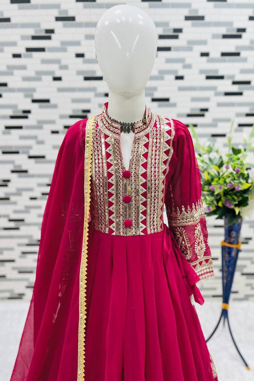 Pink Georgette Kids Wear Girls Gown with Dupatta Suit for Kids for Festivals & Wedding - Sequence Embroidery Work