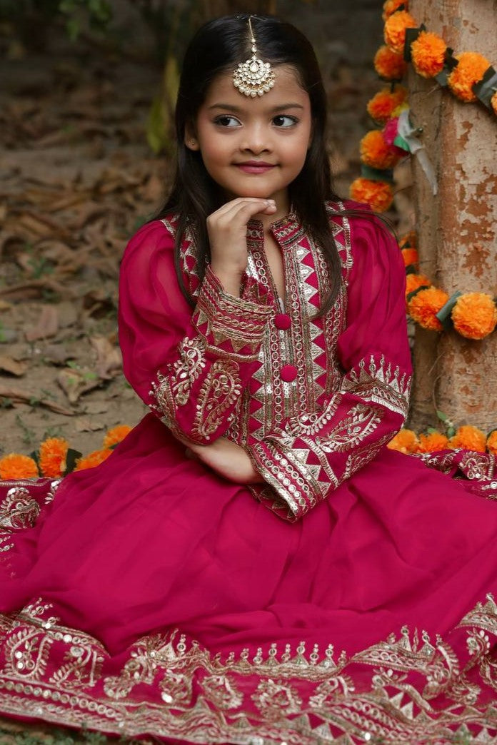Pink Georgette Kids Wear Girls Gown with Dupatta Suit for Kids for Festivals & Wedding - Sequence Embroidery Work