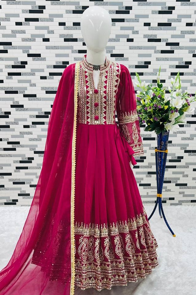 Pink Georgette Kids Wear Girls Gown with Dupatta Suit for Kids for Festivals & Wedding - Sequence Embroidery Work