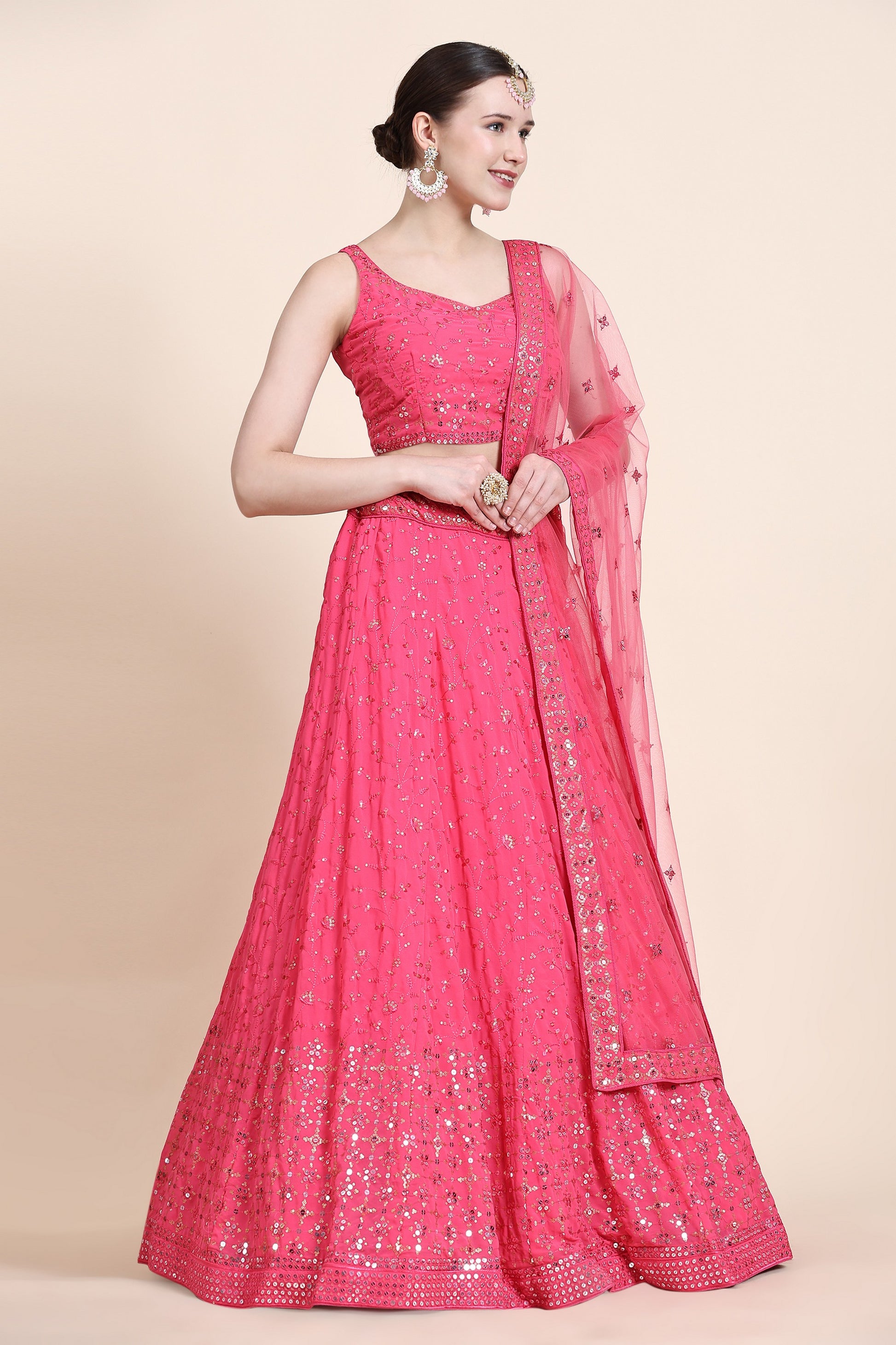 Pink Georgette Lehenga Choli For Indian Festivals & Wedding - Sequence Embroidery Work