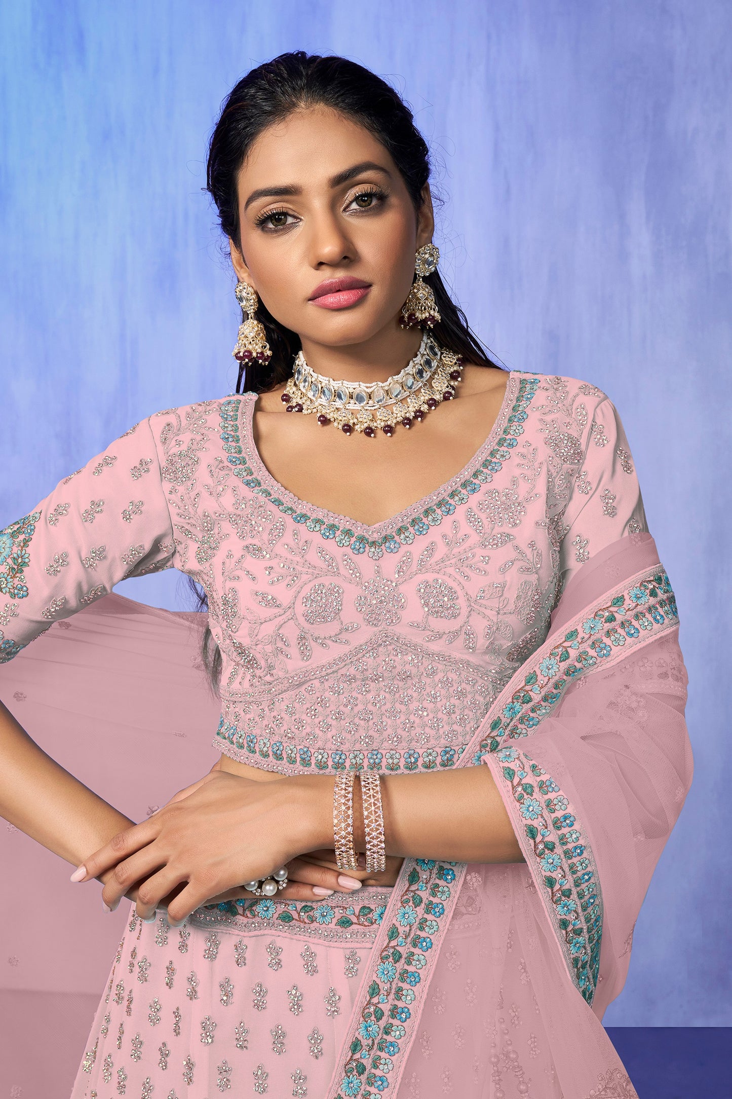 Pink Pakistani Georgette Lehenga Choli For Indian Festivals & Weddings - Embroidery Work,