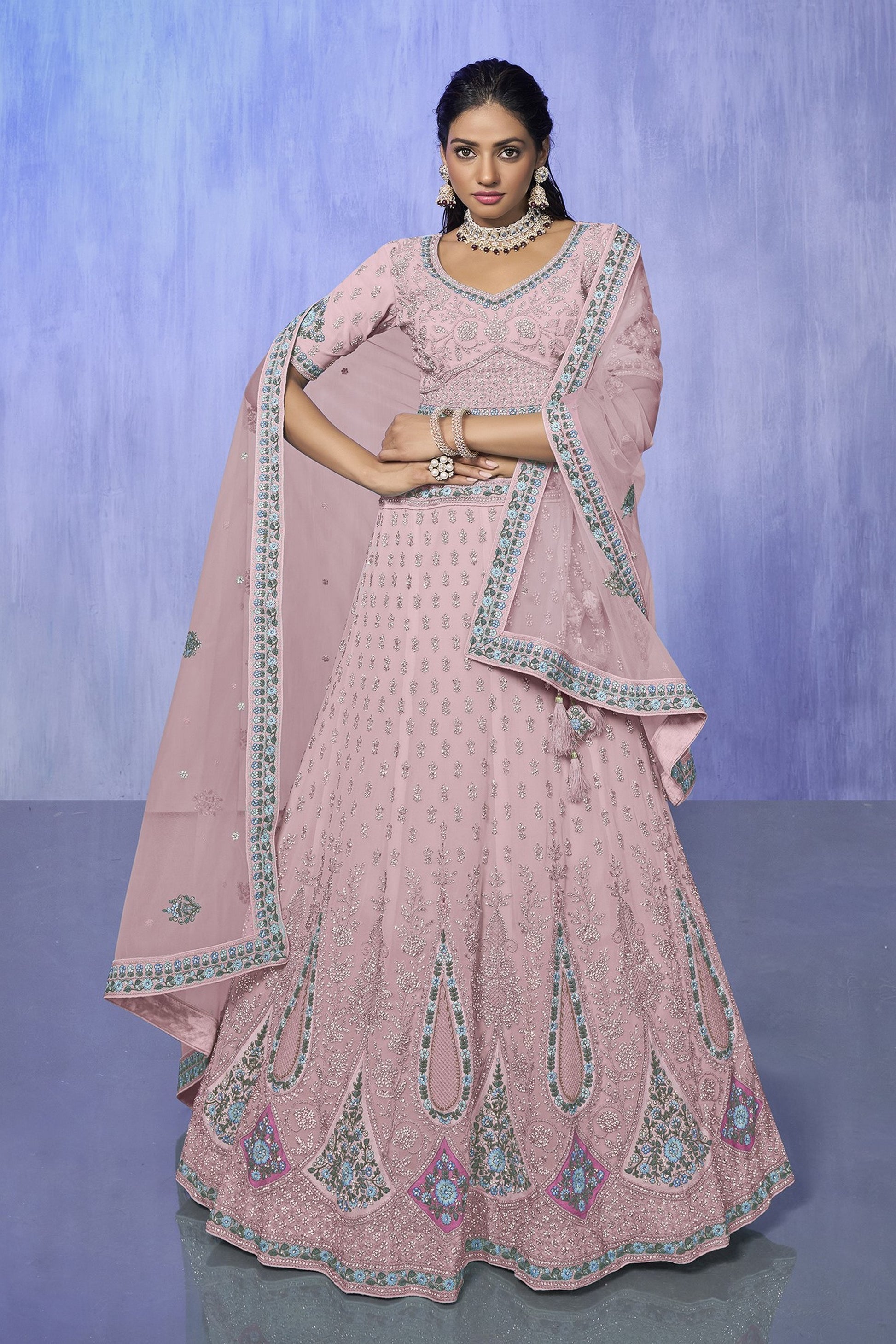 Pink Pakistani Georgette Lehenga Choli For Indian Festivals & Weddings - Embroidery Work,