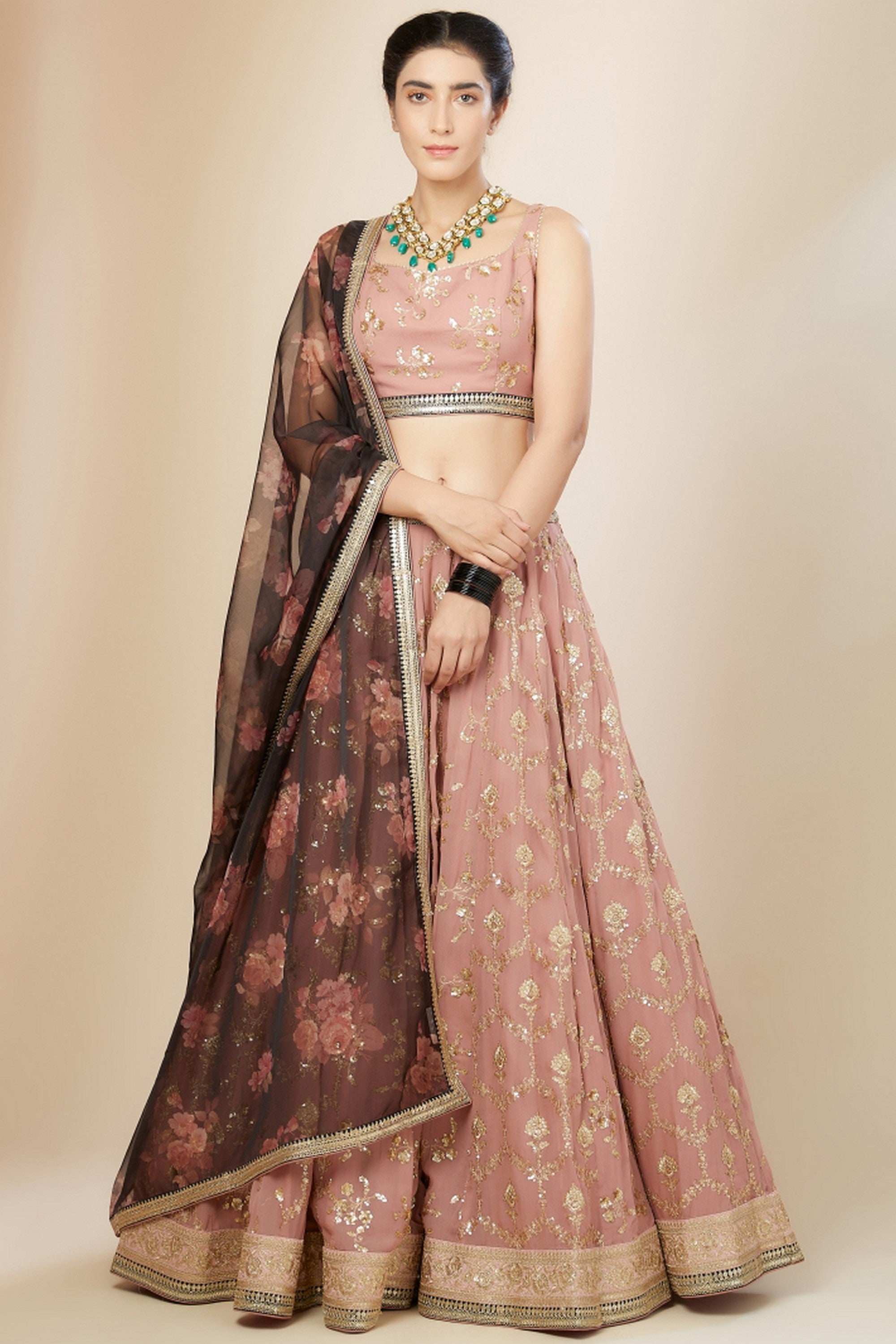 Pink Georgette Lehenga Choli For Indian & Pakistani Wedding Festival - Thread Embroidery Work, Sequence Embroidery Work, Zari Work, Real Mirror Work