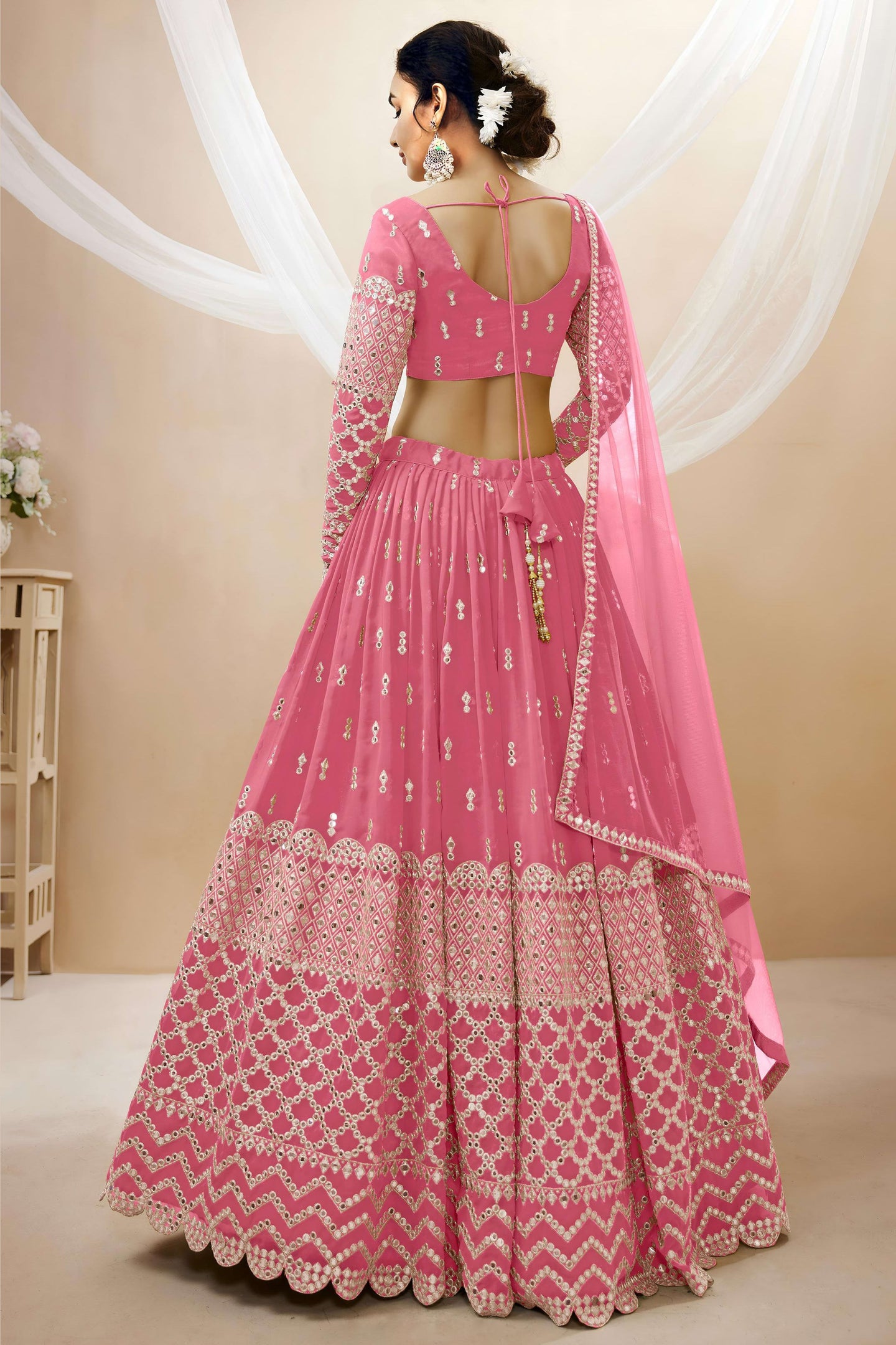 Pink Georgette Lehenga Choli For Indian & Pakistani Wedding Festival - Sequins & Thread Embroidery Work, Zari Work