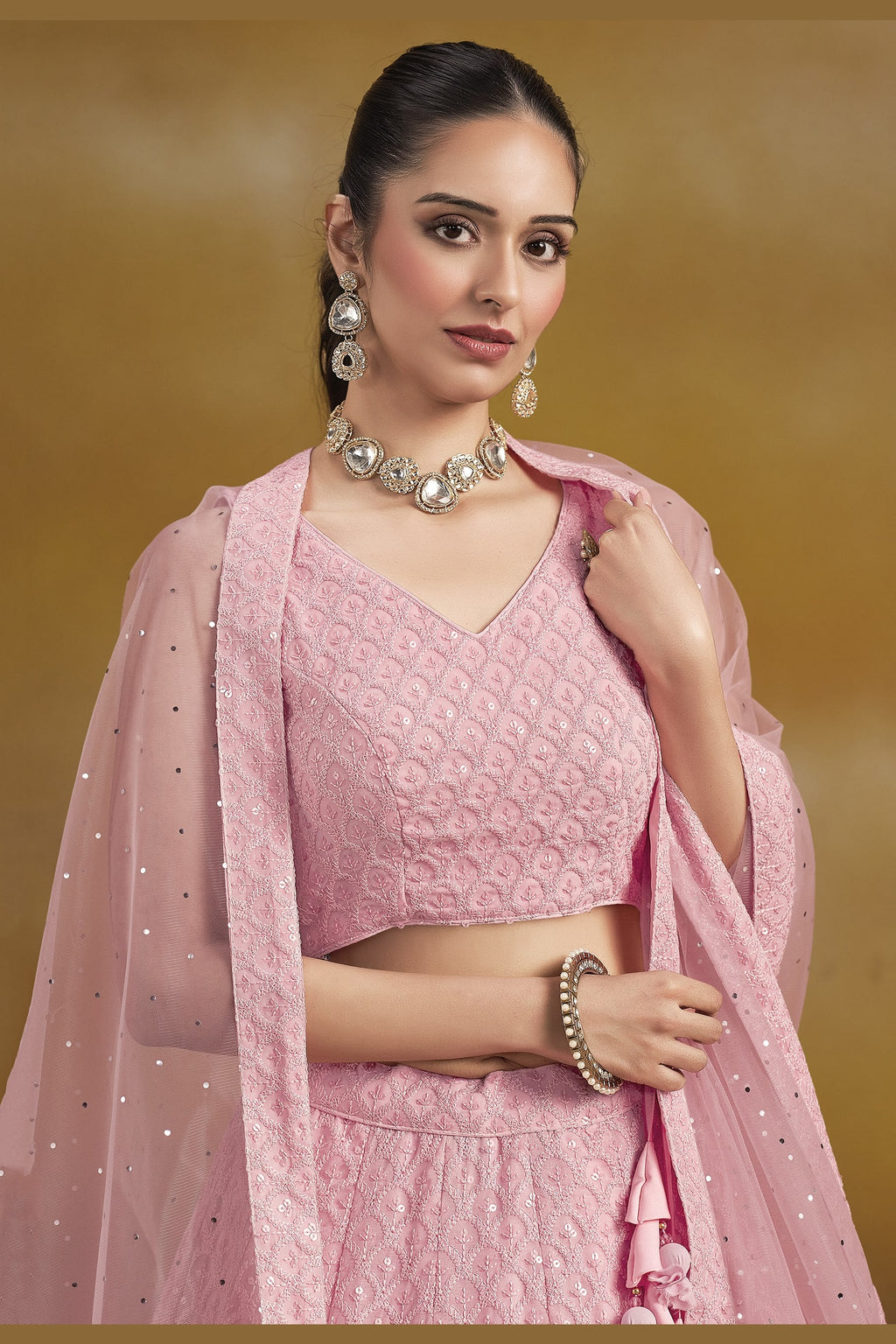Pink Georgette Lehenga Choli For Indian & Pakistani Wedding Festival - Sequins & Thread Embroidery Work