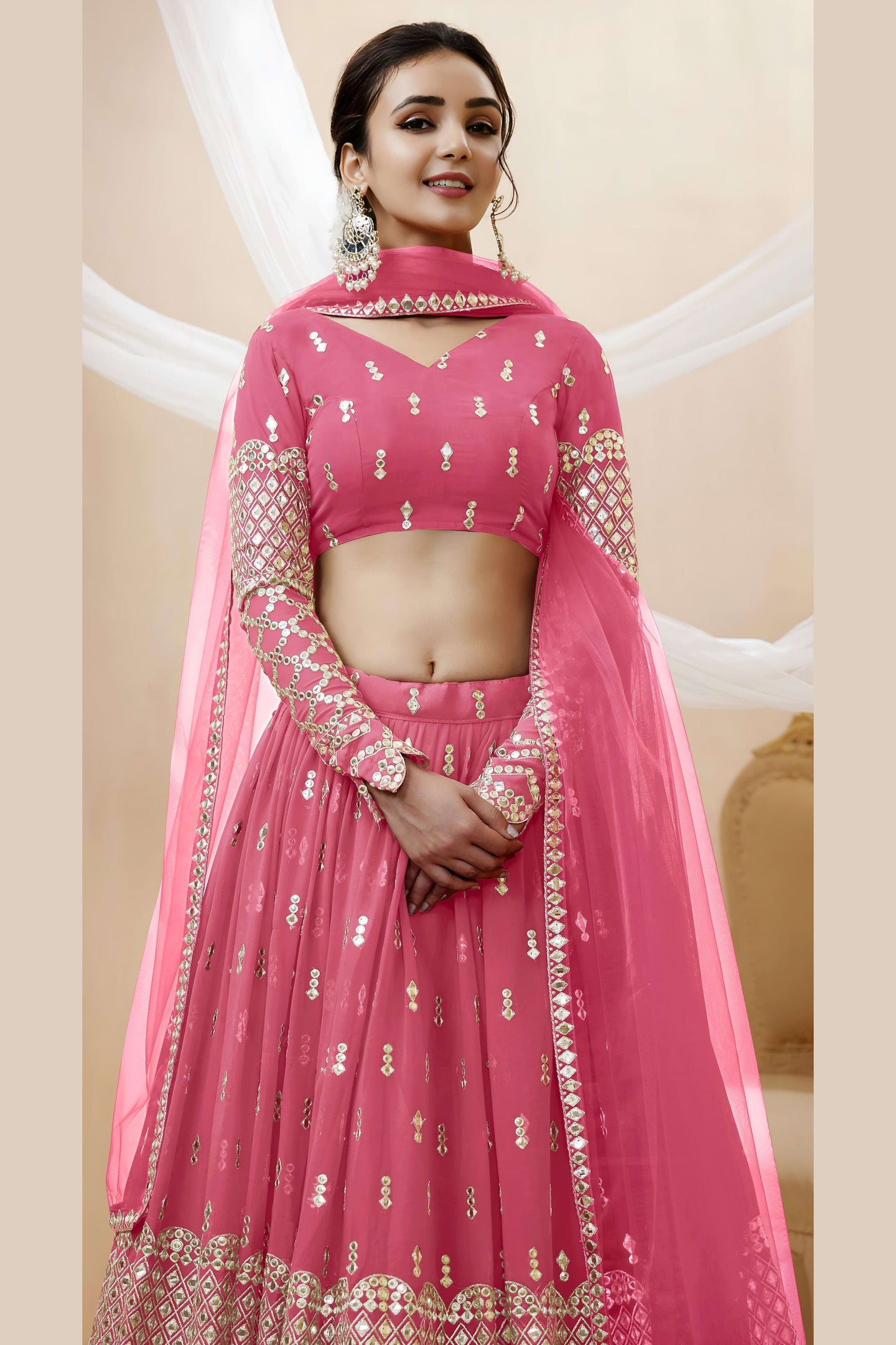 Pink Georgette Lehenga Choli For Indian & Pakistani Wedding Festival - Sequins & Thread Embroidery Work, Zari Work