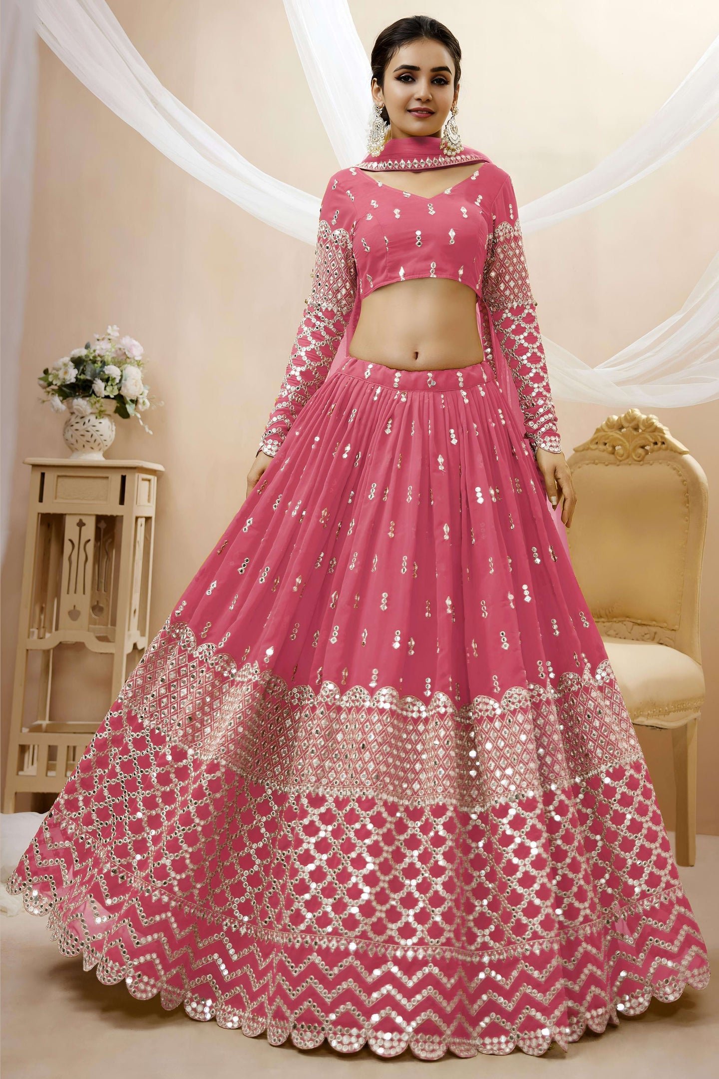 Pink Georgette Lehenga Choli For Indian & Pakistani Wedding Festival - Sequins & Thread Embroidery Work, Zari Work