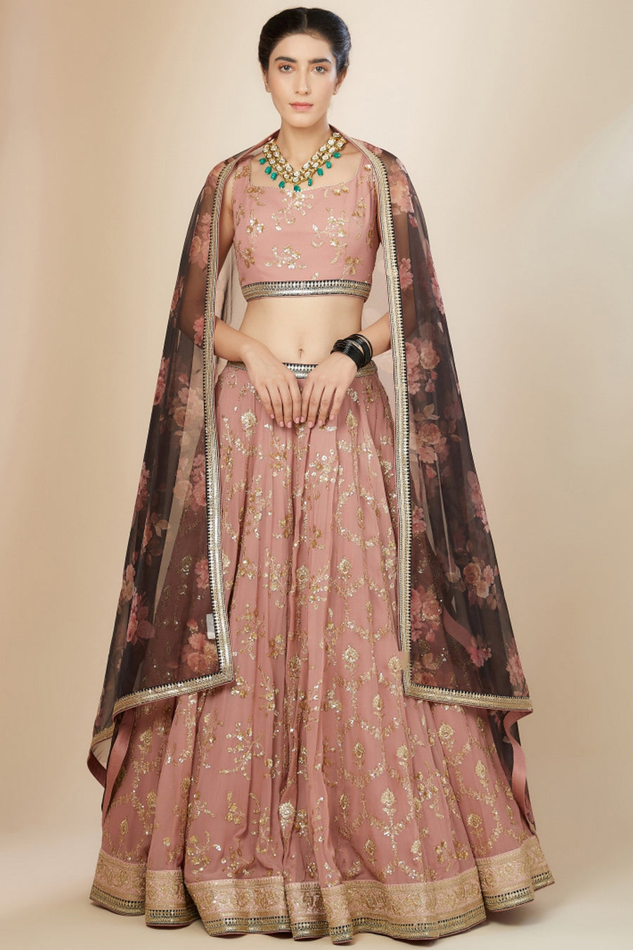 Pink Georgette Lehenga Choli For Indian & Pakistani Wedding Festival - Thread Embroidery Work, Sequence Embroidery Work, Zari Work, Real Mirror Work
