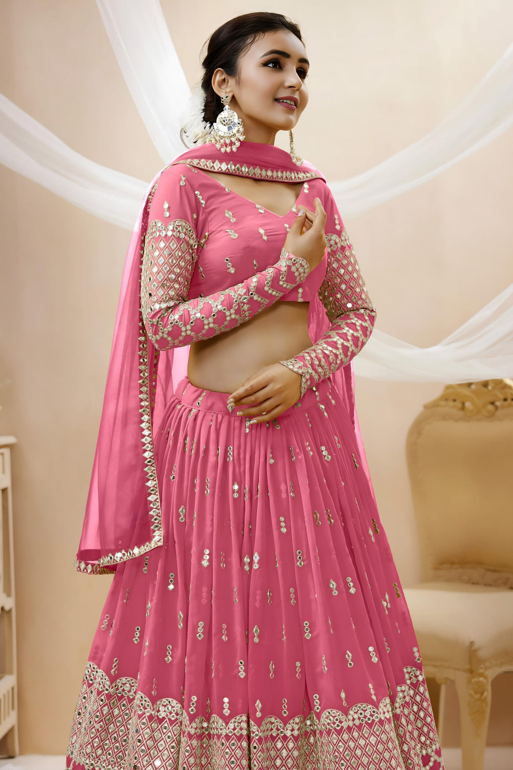 Pink Georgette Lehenga Choli For Indian & Pakistani Wedding Festival - Sequins & Thread Embroidery Work, Zari Work
