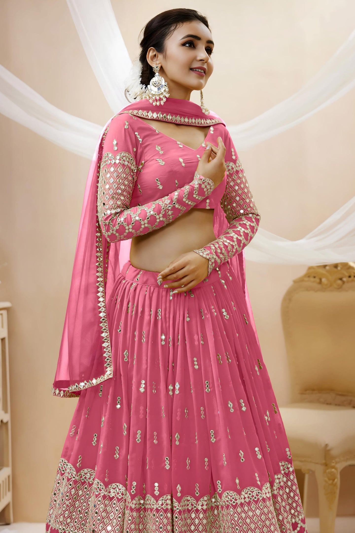 Pink Georgette Lehenga Choli For Indian & Pakistani Wedding Festival - Sequins & Thread Embroidery Work, Zari Work