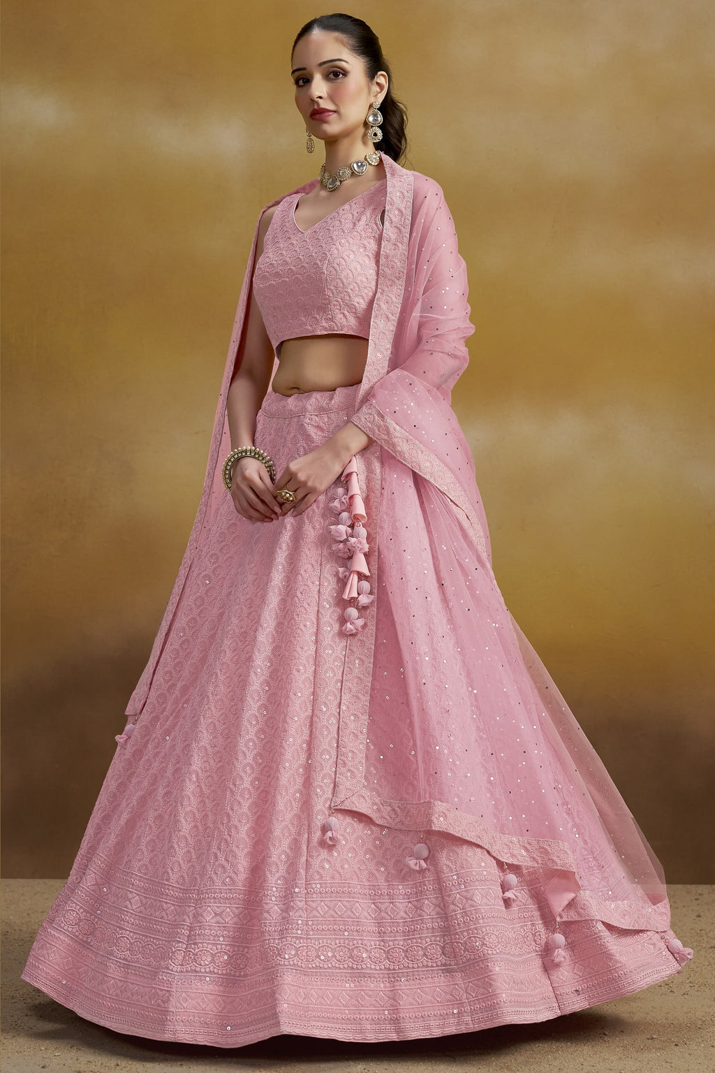 Pink Georgette Lehenga Choli For Indian & Pakistani Wedding Festival - Sequins & Thread Embroidery Work