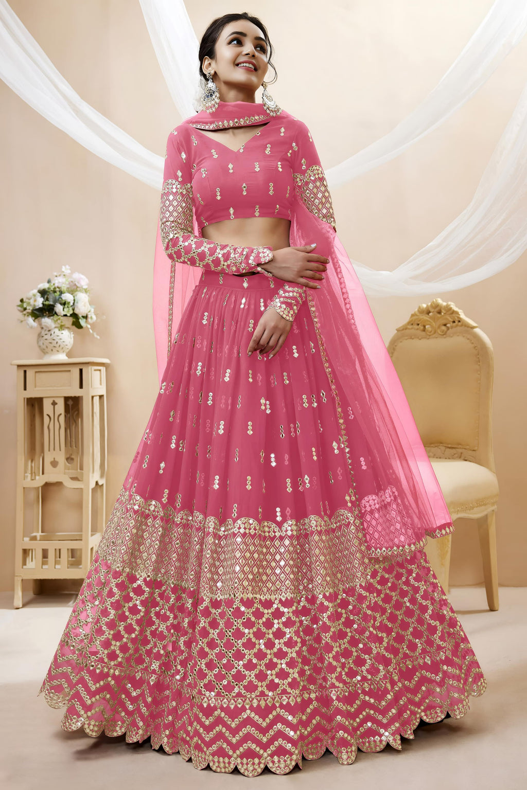Pink Georgette Lehenga Choli For Indian & Pakistani Wedding Festival - Sequins & Thread Embroidery Work, Zari Work